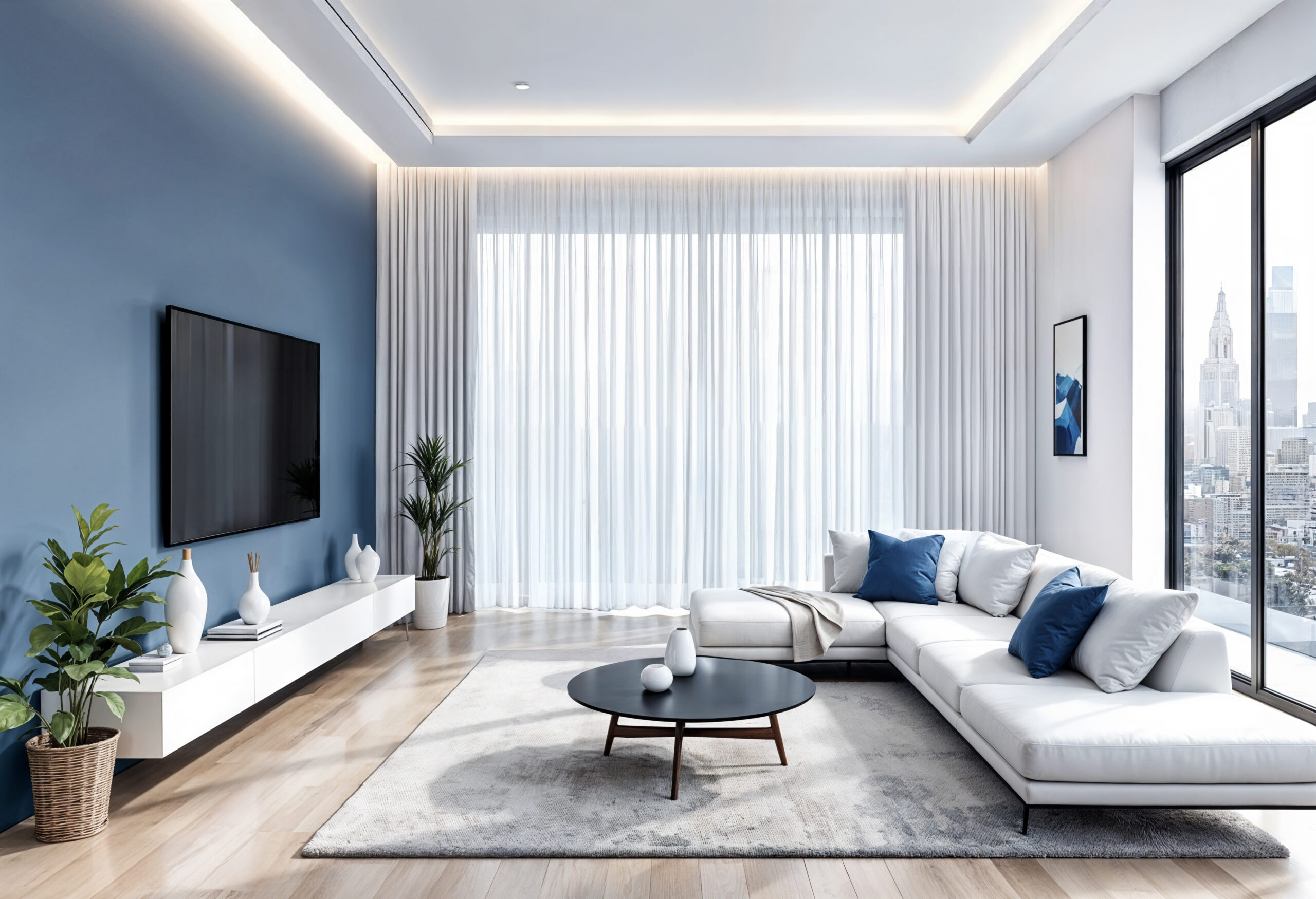 luxurious-modern-living-room-with-blue-wall-white-sofa